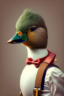 A duck wearing suspenders