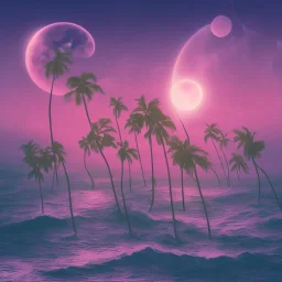 1980's vaporwave aesthetic palm trees with lightning with lunar eclipse moon crescent in the ocean waves sunset