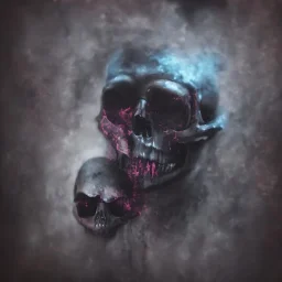 abstract photographic camera mixed with skull in dirty style. fog and smoke in atmosphere. bokeh, lens flare. Dark mood. Dripping paint. oil on canvas, mixed media, high detailed.