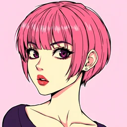 retro anime art style,a short hair lady,cute,dark pink hair color,metal,thin lines,wild art,disturbing,Yandere,kawaii,Pixelated