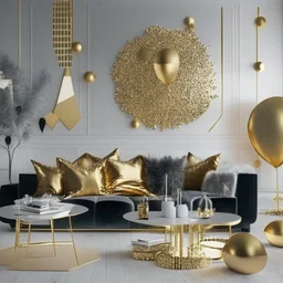 A picture of a modern living room with gold party decoration