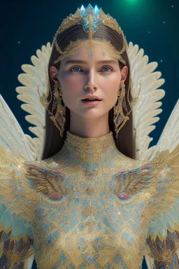 A portrait of a crystalline woman smiling, with wings, mythical,fantasy, magnificent, majestic, very happy, highly intricate, Realistic photography, incredibly detailed, ultra high resolution, 8k, complex 3d render, cinema 4d