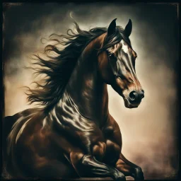 PROMPT: Young stallion in motion, captured in a modern vintage photography style. The image blends necronomic-inspired illustrations with a tabletop photography approach, reminiscent of the 1890s. Hyper-realistic animal portraiture is combined with a ghostly aura and subtle, buzzing details.