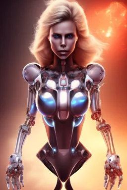 robot with face charlize theron, many lights in body, eyes lights