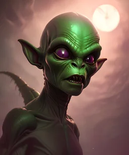 Alien malevolent cute goblin, sci-fi, perfect composition, super detailed, 8k, high quality, intricate details, highly detailed, purple tones, dramatic lighting, purple lighting, wide shot