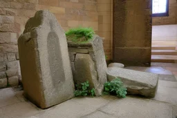 restos de las piedras de una iglesia almacenados para catalogar