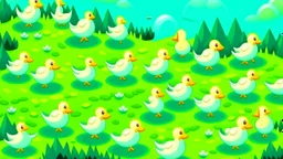 Fantasy cartoon illustration: trail of marshmallow chicks candy in the grass. Look from above.