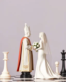 a chess bishop behind a wedding podium, with a chess king and queen getting married