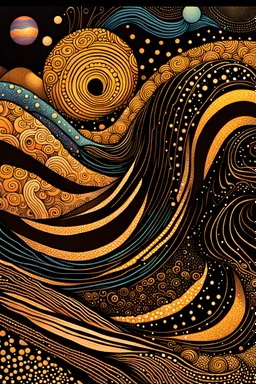 random color Zentangle patterns in the styles of Fumihiro Kato, Rebecca Vincent, Yayoi Kusama, Kiyoshi Awazu and Kay Nielsen that depict rolling hills and flowing rivers, cosmic swirls, dot painting, planets, black and gold