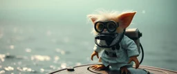 crazy fluffy gremlin scientist in lab coat on diving platform