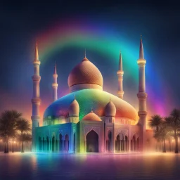 Hyper Realistic rainbow textured Mosque at beautiful night