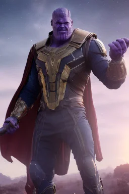 Thanos, the commander of the army of aliens and the king of the entire galaxy, is ready to go on a campaign with his two large swords, his very beautiful and impenetrable armor with his golden helmet, standing on top of a hill with his sword with infinity gauntlet