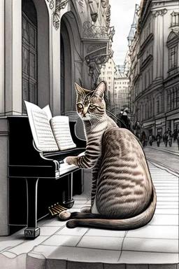 One single mature cat playing piano on the street, Vienna, friendly, model style, hyper realistic, extremely accurate, delicate, extremely detailed, Graphic novel style, wide-angle, open aperture, superfine pencil