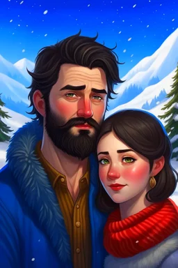 Mountain Christmas scene, dark haired couple, man with short black beard, blue eyes