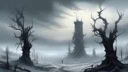 A Cursed Sky in winter, heavy gray clouds blanketing a snow-covered landscape, with shadows of skeletal trees reaching out like hands towards a distant, crumbling tower.