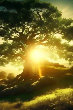 Extremely detailed image of Beautiful Landscape, Giant Tree, Bright Sun