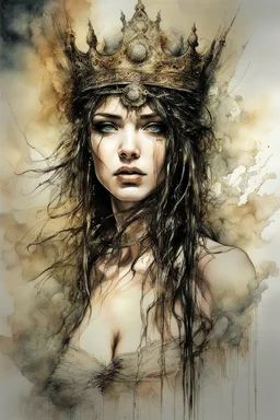 Hyper-photorealistic watercolor art style by Luis Royo & Carne Griffiths, Surreal fine art etching of a figure by Luis Royo, tanned skin inscribed with the transient story of mortality, ethereal light playing with its form whispering tales of an eternal realm, eyes, black as the depths of the night, ardently pinand looking towards the endless skies, a crown of black hair mirroring the mystery of the cosmos around, whole scene tinged with an ethereal softness from volumetric lighting, hues gr, My