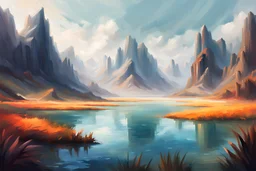 Epic landscape with mountains and lagoon, concept art, impressionism influence, realistic painting