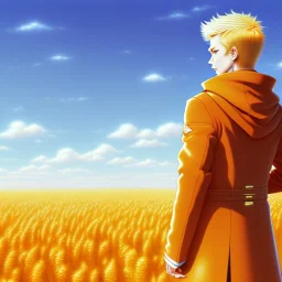 a man in a orange coat is standing in a field, blonde hair, concept art by Hiromu Arakawa, featured on pixiv, superflat, official art, anime, 2d