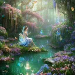 high-quality, fine-detail beautiful, stunning fairy sitting beside a clear, reflective lake, flowers, butterflies, small globes of iridescent light, tranquil, gorgeous, 8k resolution, 3D octane render, intricate, digital art, detailed matte, volumetric lighting, George Grie, Anne Dittman, Anne Stokes, Lisa Parker, Selina French,