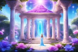 tempio magico di un altro pianeta con tetto aperto in stile ferico con natura e fiori rosa e azzurri e cristalli e gemme in giardino con due colonne di luce e cielo aperto luminoso. e al centro in piedi una bellissima ragazza del futuro