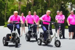 Photo of 1 donald trump riding a tricycle while wearing a pink polo shirt with the collar popped