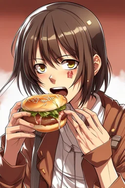 Mikasa from attack on titan eating a burger while drinking boba.