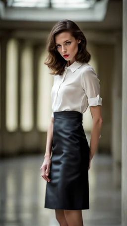 beautiful anorexic secretary, total shot, short satin skirt, nylons, short brunette wavy bob hair, blurred concrete background