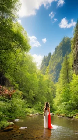 a very beautiful lady curly hair, walks in the forest with a narrow river with clean water and nice rocks on floor. The trees and wild flowers .