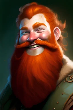 fantasy art style portrait of a cheery ginger, bearded dwarven man