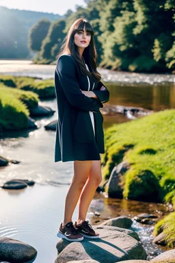 realistic, portrait and full body of a woman standing next to rocky river in country side, beautiful face with nice make up, sunlight, cinematic light, bangs, a beautiful woman, beautiful eyes, brown curved hair, perfect anatomy, very cute, princess eyes , (blue eyes) , nice sport shoes ,Centered image, stylized, life size,8k Resolution, low-cut dress with small blue details, human hands, wonder full, elegant, approaching perfection, dynamic, highly detailed, character sheet,