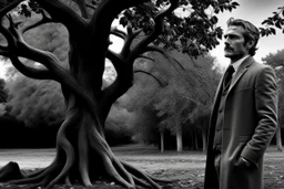 Al estilo visual de la primera temporada de la serie True Detective, un hombre frente a una tumba junto a un gran árbol, sobre la tumba una cornamenta de ciervo, fotografía en blanco y negor. Disparo con cámara Leica