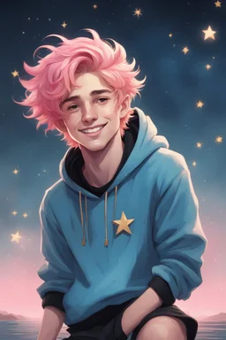 A young, androgynous young man with tousled pink hair and golden eyes floating among the stars wearing a light blue hoodie and black board shorts. He is smiling softly and holding a star in one hand.