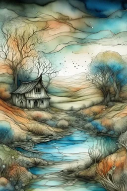 The place where the Dream and its followers live. Watercolor, fine drawing, beautiful landscape, pixel graphics, lots of details, pastel aqua colors, delicate sensuality, realistic, high quality, work of art, hyperdetalization, professional, filigree, hazy haze, hyperrealism, professional, transparent, delicate pastel tones, back lighting, contrast, fantastic, nature+space, Milky Way, fabulous, unreal, translucent, glowing