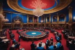 (heavy metal / metal hurlant: psychedelic) 1946 Casino de Paris Party A vibrant, slightly distorted and saturated high-resolution photograph capturing a dynamic party scene within the opulent Casino de Paris in 1946. The large hall is bathed in rich, swirling jewel tones of red, blue, and gold from spotlights and hanging chandeliers, casting long, dramatic shadows that feel slightly off-kilter. The atmosphere is dense with the aroma of sophisticated cigarettes, spilled gin, and raw energy. On t