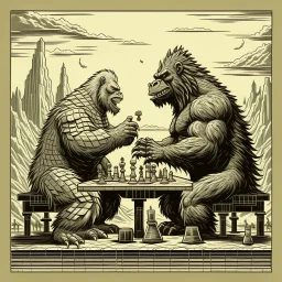 a Godzilla and king kong playing a game of chess