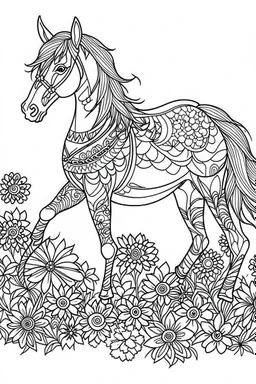 outline art for horse coloring pages with horse and flowers, white background, Sketch style, full body, only use outline, clean line art, white background, no shadows and clear and well outlined