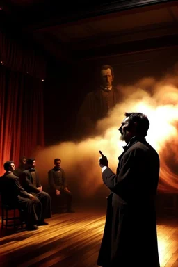 Create a powerful visual representation of the moment Booth fires a single shot into the back of Abraham Lincoln's head. Convey the shock and chaos among the audience as the gunshot reverberates through the theater