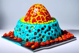 A cyan volcano with lava made out of soup designed in Ica stones painted by Keith Haring