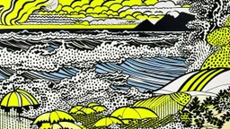 A yellow coastal beach in a thunderstorm designed in Javanese shadow puppets painted by Roy Lichtenstein