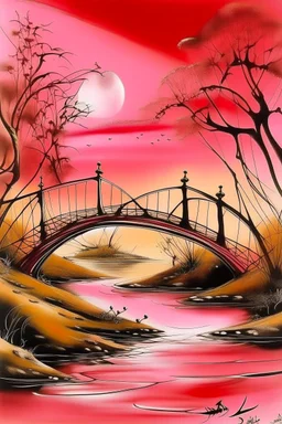 A pink mystical bridge painted by Salvador Dali