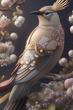 ethereal Bohemian Waxwing bird, Bombycilla garrulus :: intricate details, ornate, detailed illustration, Johanna Rupprecht style, William Morris style :: trending on artstation, octane render, 8k, high detail, smooth render, unreal engine 5, cinema 4d, HDR, dust effect, vivid colors