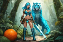 [humid jungle forest] thin nudist cyan female alien medieval ranger with fabric boots and corset, armed by a broad sword, she walks on the side of a giant orange tiger