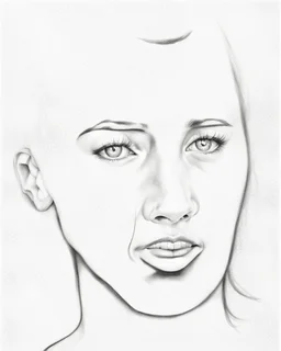 dibujo en grafito realista de rostro mujer 35 años pelo negro atado cola de caballo ojos abiertos de frente picado rasgos definidos boca levemente abierta labios definidos iluminacion desde arriba de tres cuartos perfil