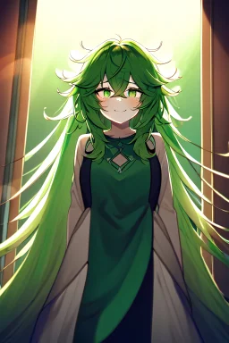girl, masterpiece, best quality, cinematic lighting, detailed outfit, vibrant colors, perfect eyes, green hair, very long hair, green eyes, messy hair, looking down, nervous smile, indoors, light rays, god rays, looking down,