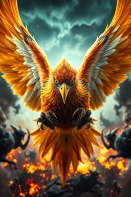 Create a ultra high definition and photorealistic image, 12k quality of a beautiful phoenix, majestic and strength showing, emphasis on texturized claws, upclose with a front view flying towards the camera, centre of an explosive and chaotic background scene of Armageddon where he is followed by demon like dark clouds in persuit trying to grab him, phoenix has striking eyes and determined look, majestic wings folded inwards in flight, bright auburn, black, white, grey and yellow colours, gothic