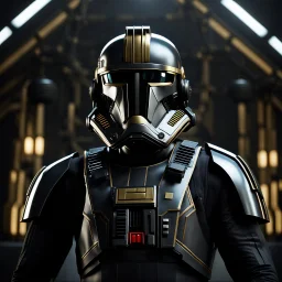 star wars bald male corellian pilot wearing gunmetal grey and black First Order TIE pilot armored flightsuit and helmet with gold trim inside the jedi temple, centered head and shoulders portrait, hyperdetailed, dynamic lighting, hyperdetailed background, 8k resolution, volumetric lighting, light skin, fully symmetric details