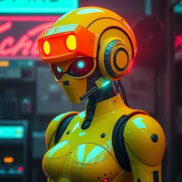 a feminine robot, yellow, dystopia, cyberpunk, neon vintage anime