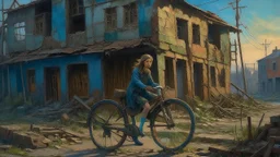 A vintage oil painting of a woman on a bicycle in front of a decaying building, captured in the post-apocalypse city, featuring elements of soviet city architecture, with a touch of socialist realism.