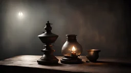 an old oil lamp on an old table in a dark room